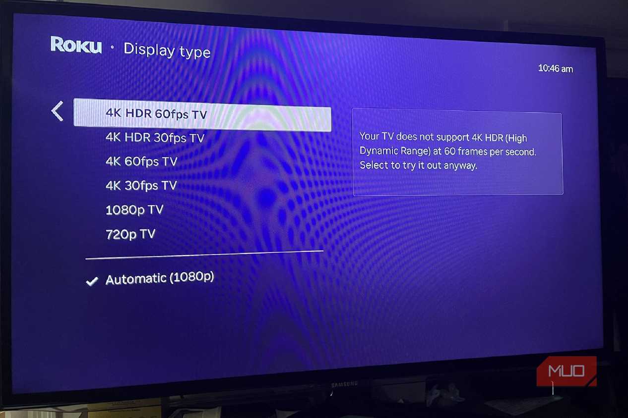 Selecting the 4K HDR 60fps TV settings in Roku
