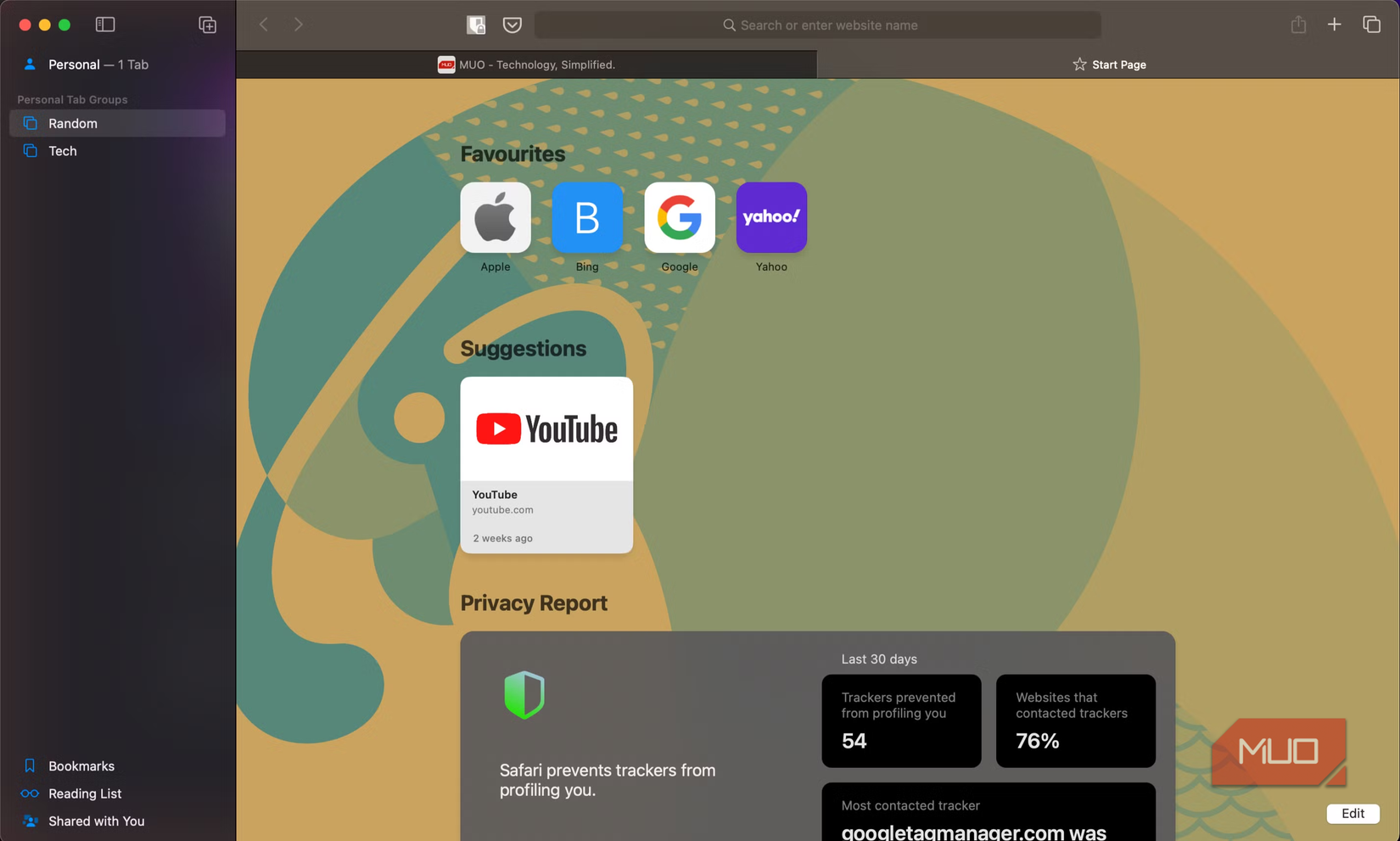 Safari browser start page.