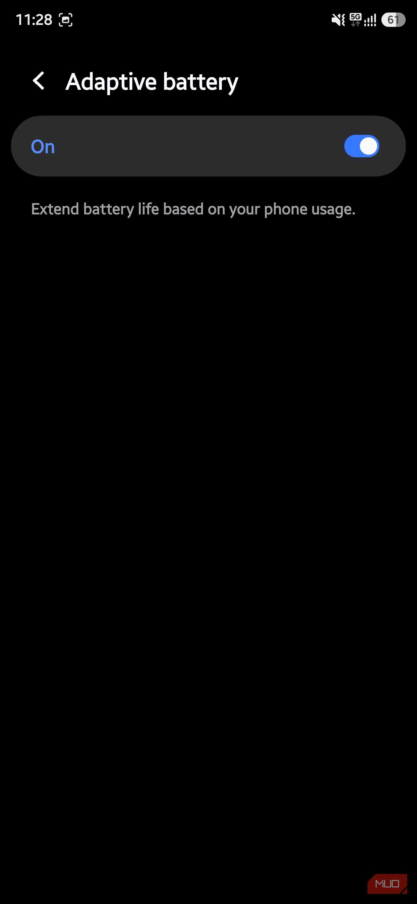 Adaptive battery setting toggled on on a Samsung phone