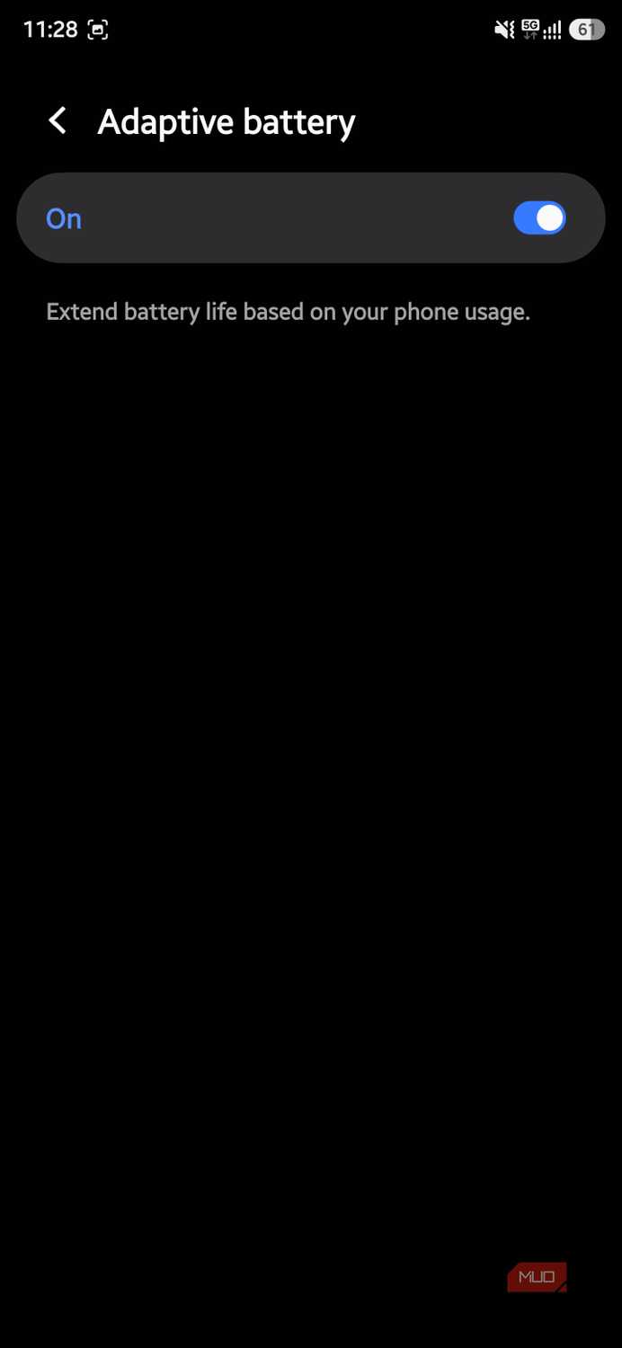 Adaptive battery setting toggled on on a Samsung phone