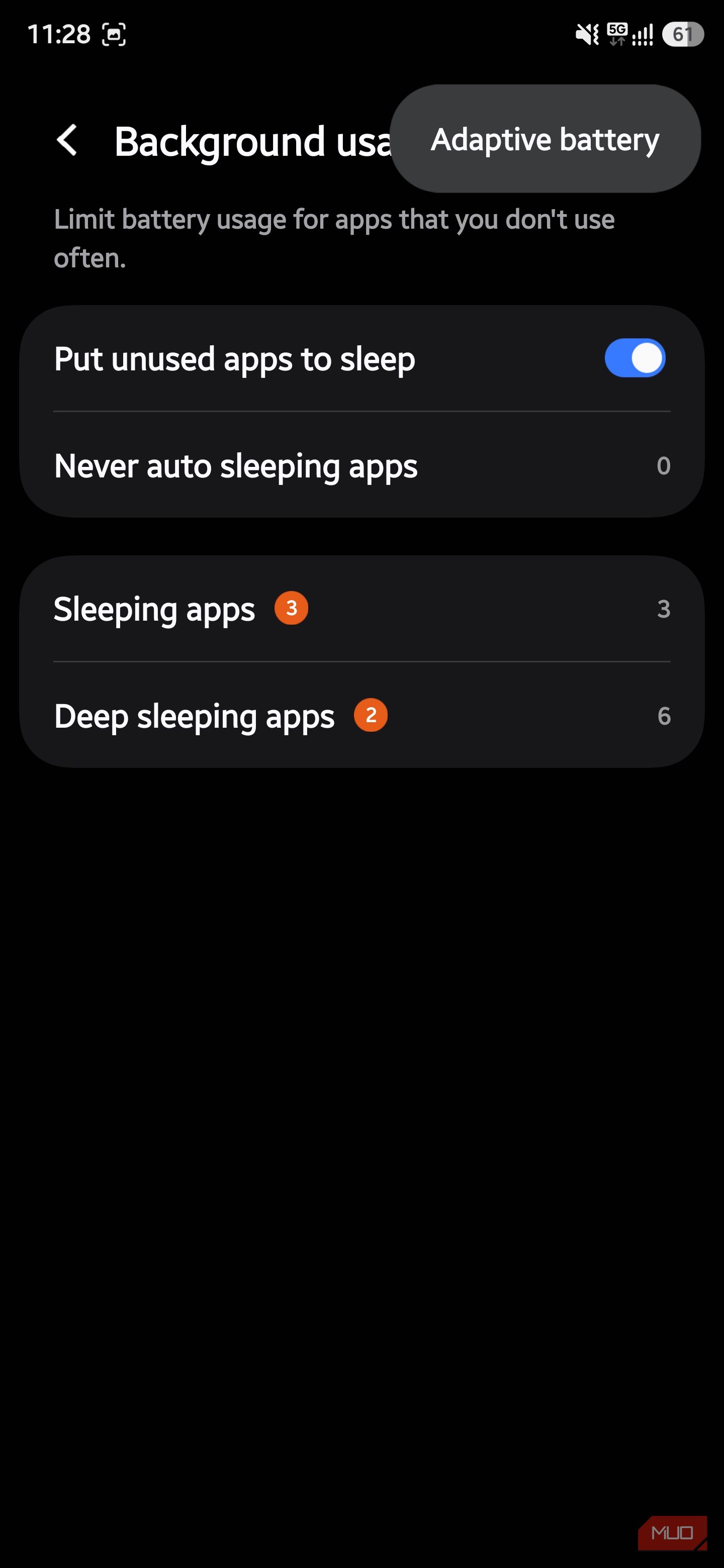 Adaptive Battery option on the Background usage limits settings page