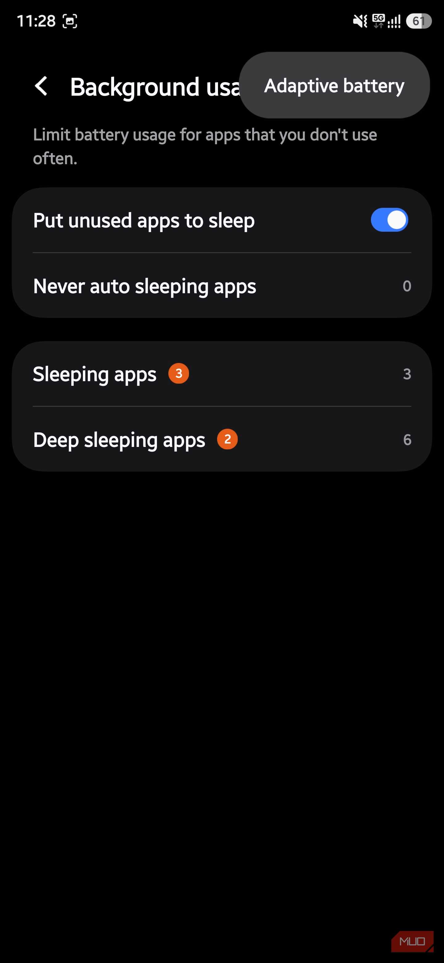 Adaptive Battery option on the Background usage limits settings page
