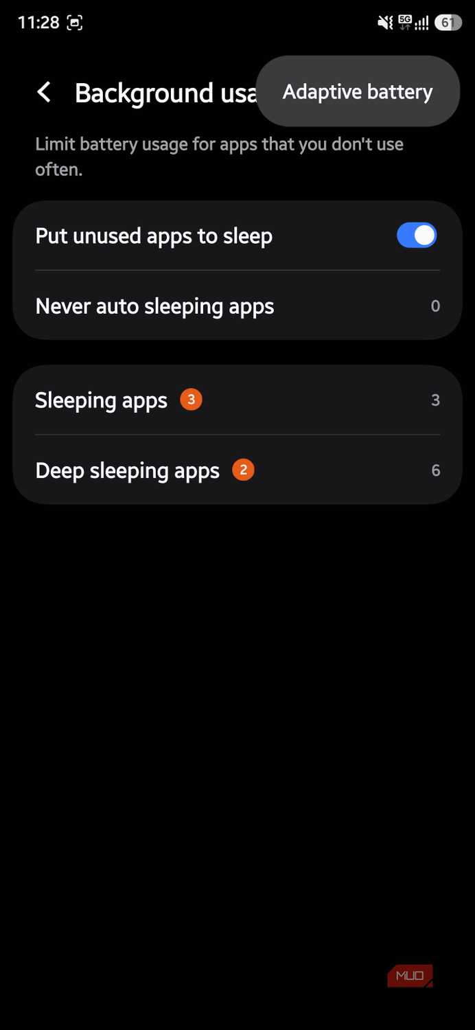 Adaptive Battery option on the Background usage limits settings page
