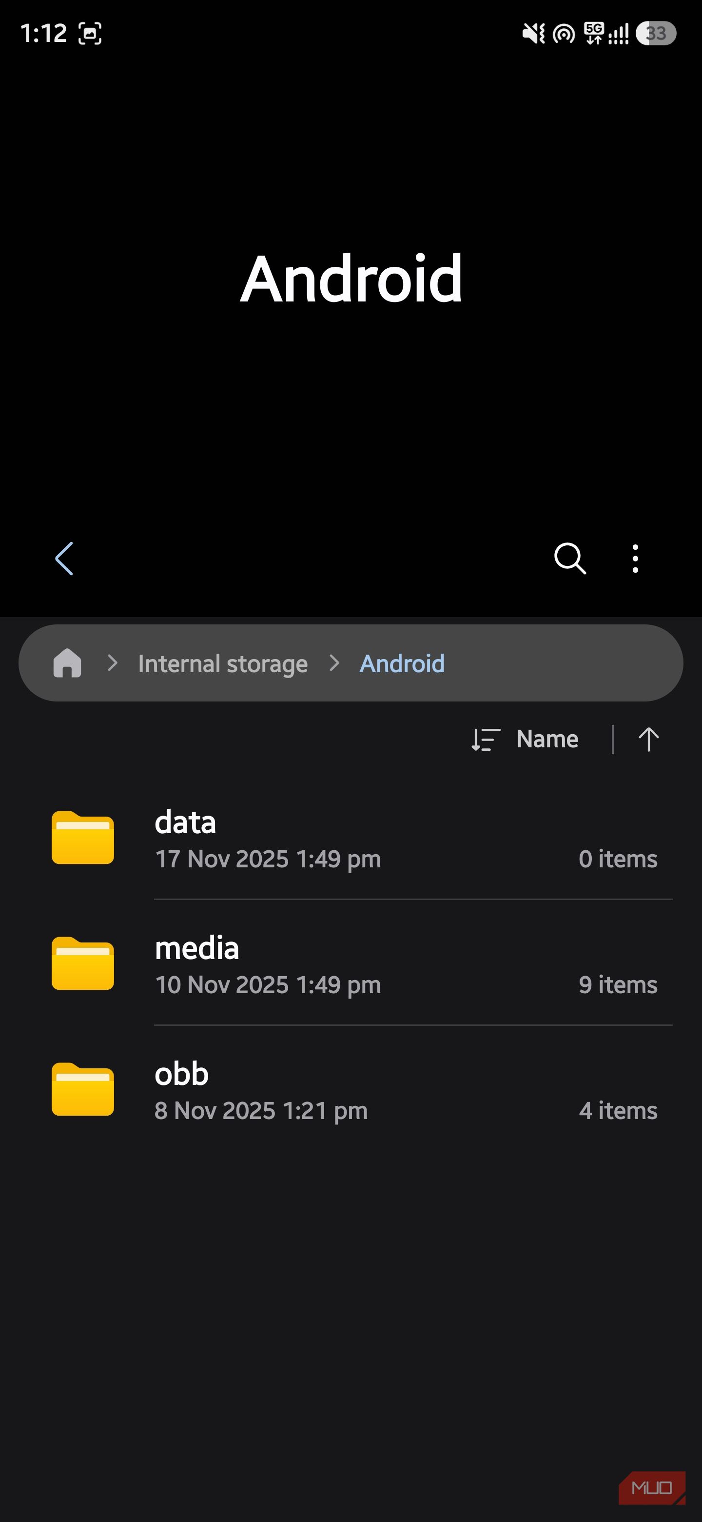 Samsung My Files app showing the Android folder in internal storage with data, media, and obb subfolders.