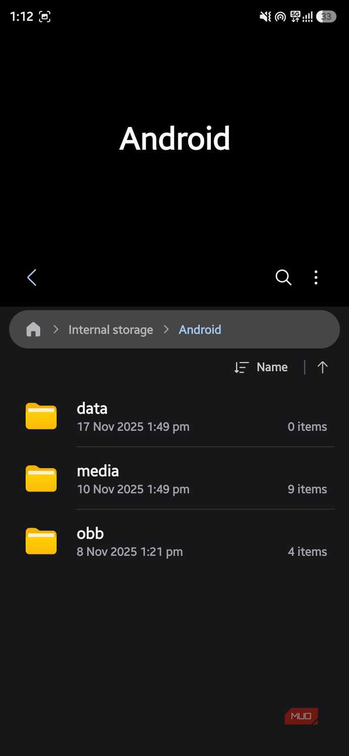 Samsung My Files app showing the Android folder in internal storage with data, media, and obb subfolders.