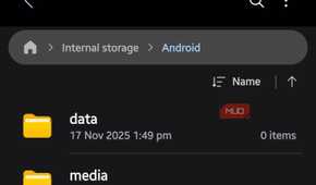 Samsung My Files app showing the Android folder in internal storage with data, media, and obb subfolders.