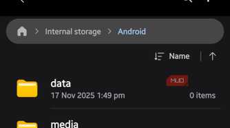 Samsung My Files app showing the Android folder in internal storage with data, media, and obb subfolders.