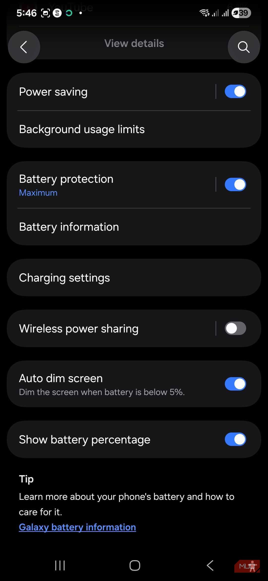 Samsung battery settings menu options
