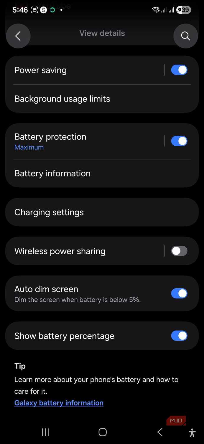 Samsung battery settings menu options