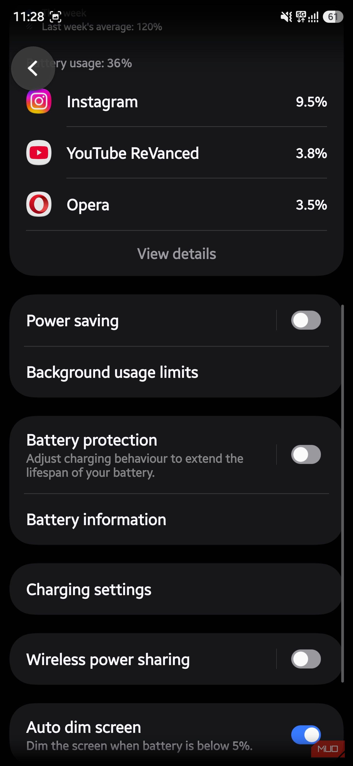 Samsung battery menu with app usage stats and background limits option