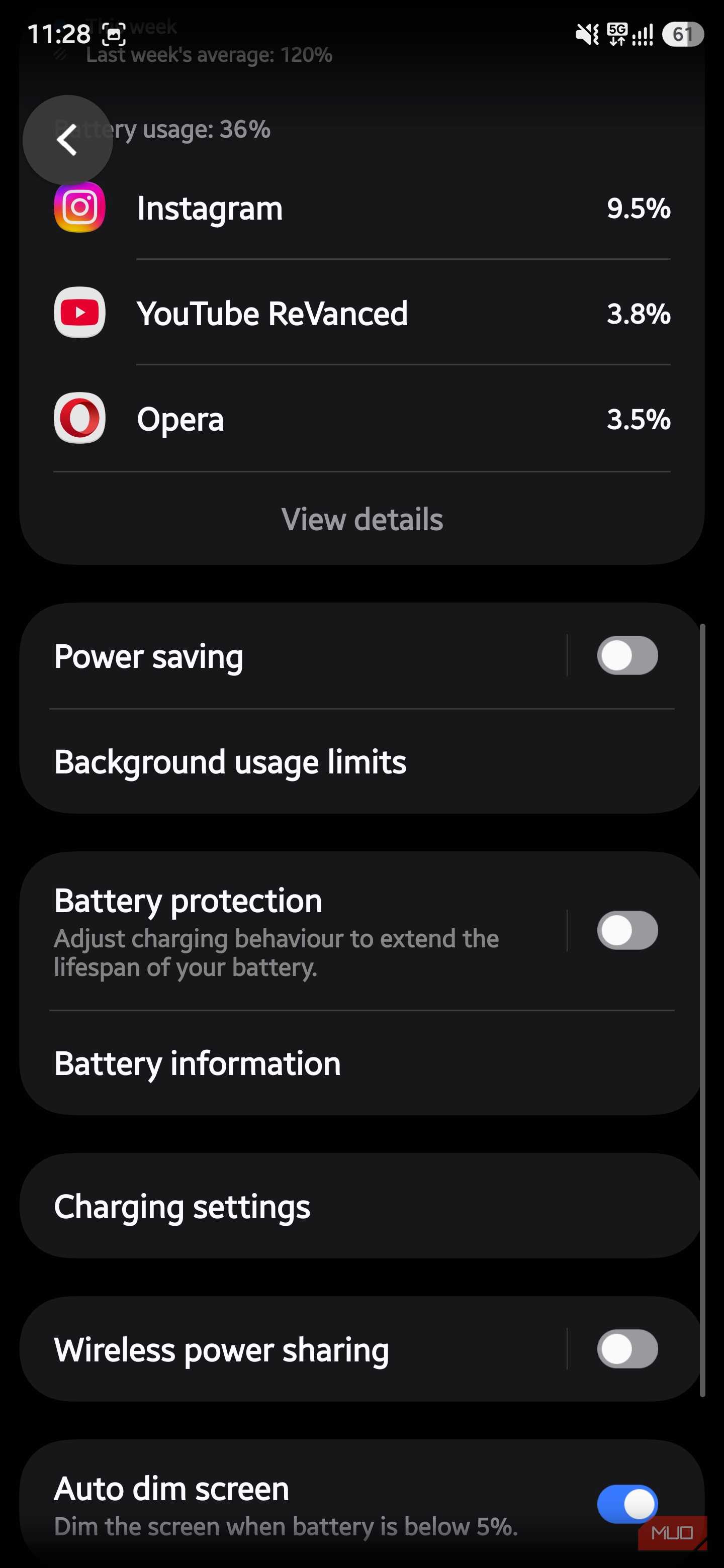Samsung battery menu with app usage stats and background limits option