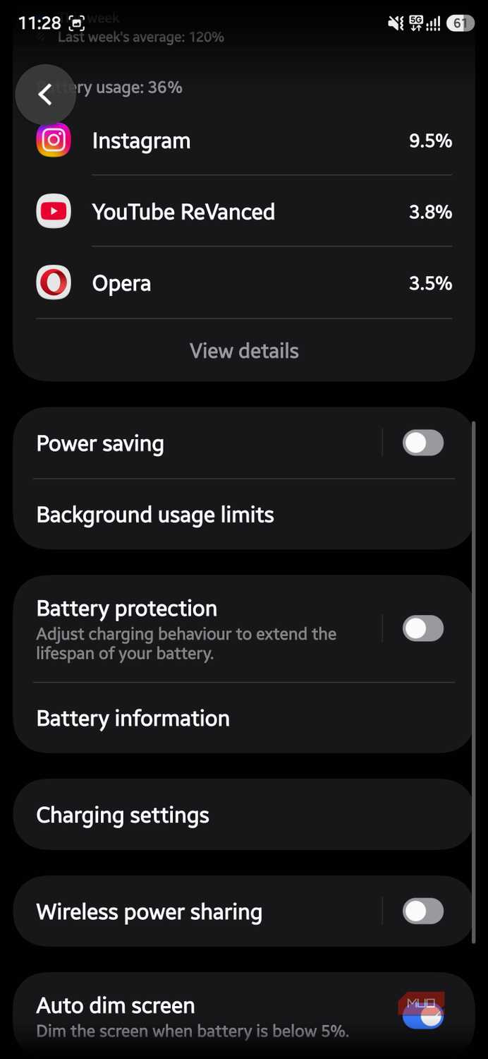 Samsung battery menu with app usage stats and background limits option