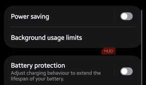 Samsung battery menu with app usage stats and background limits option