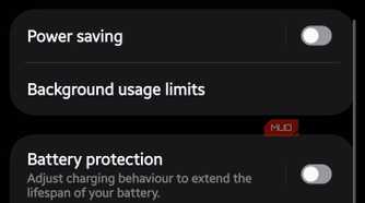 Samsung battery menu with app usage stats and background limits option