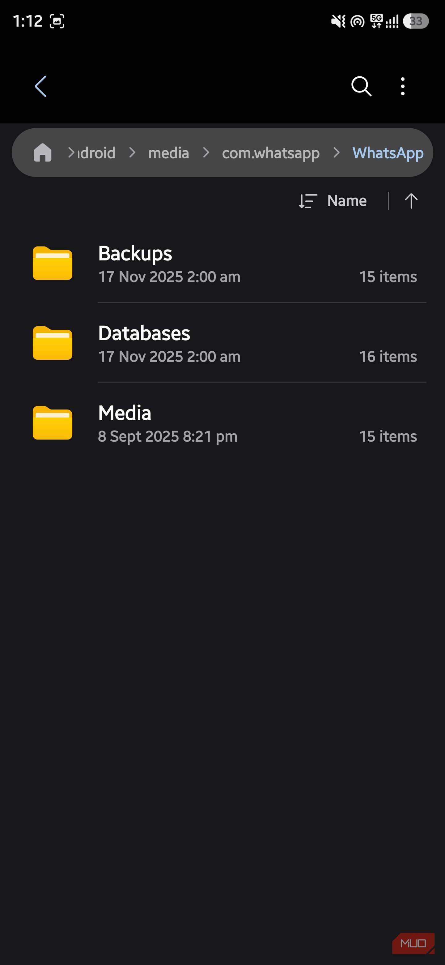 WhatsApp folder inside Android/media/com.whatsapp containing Backups, Databases, and Media folders.