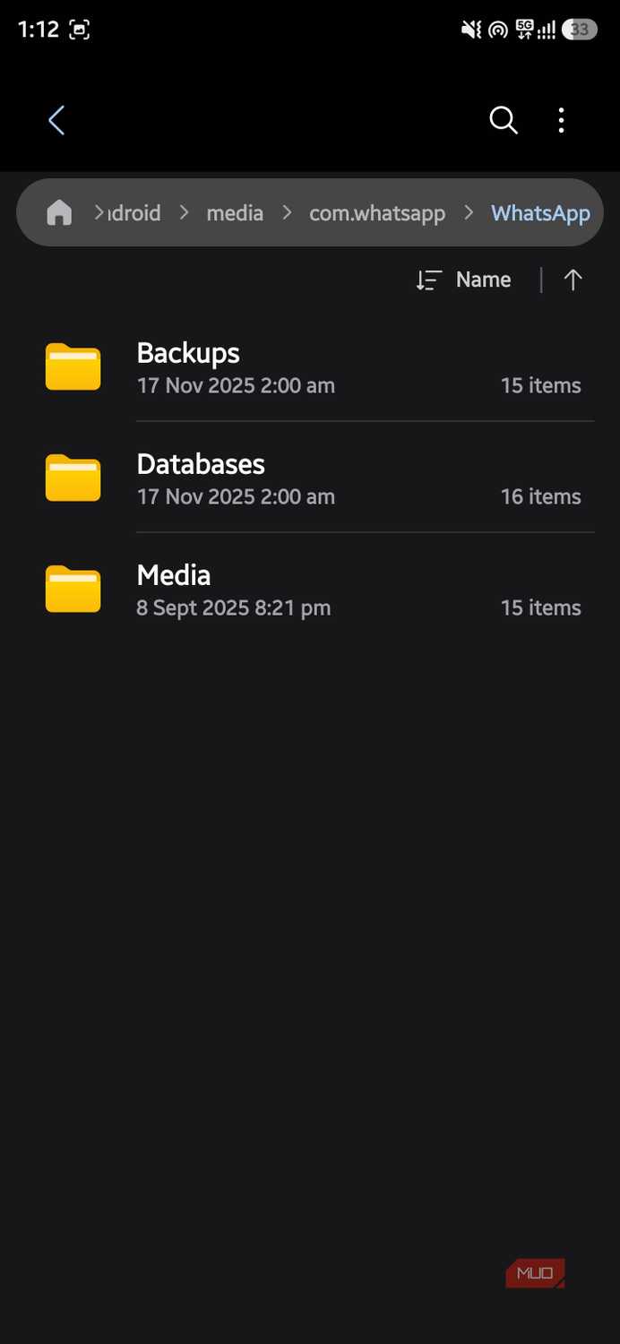 WhatsApp folder inside Android/media/com.whatsapp containing Backups, Databases, and Media folders.