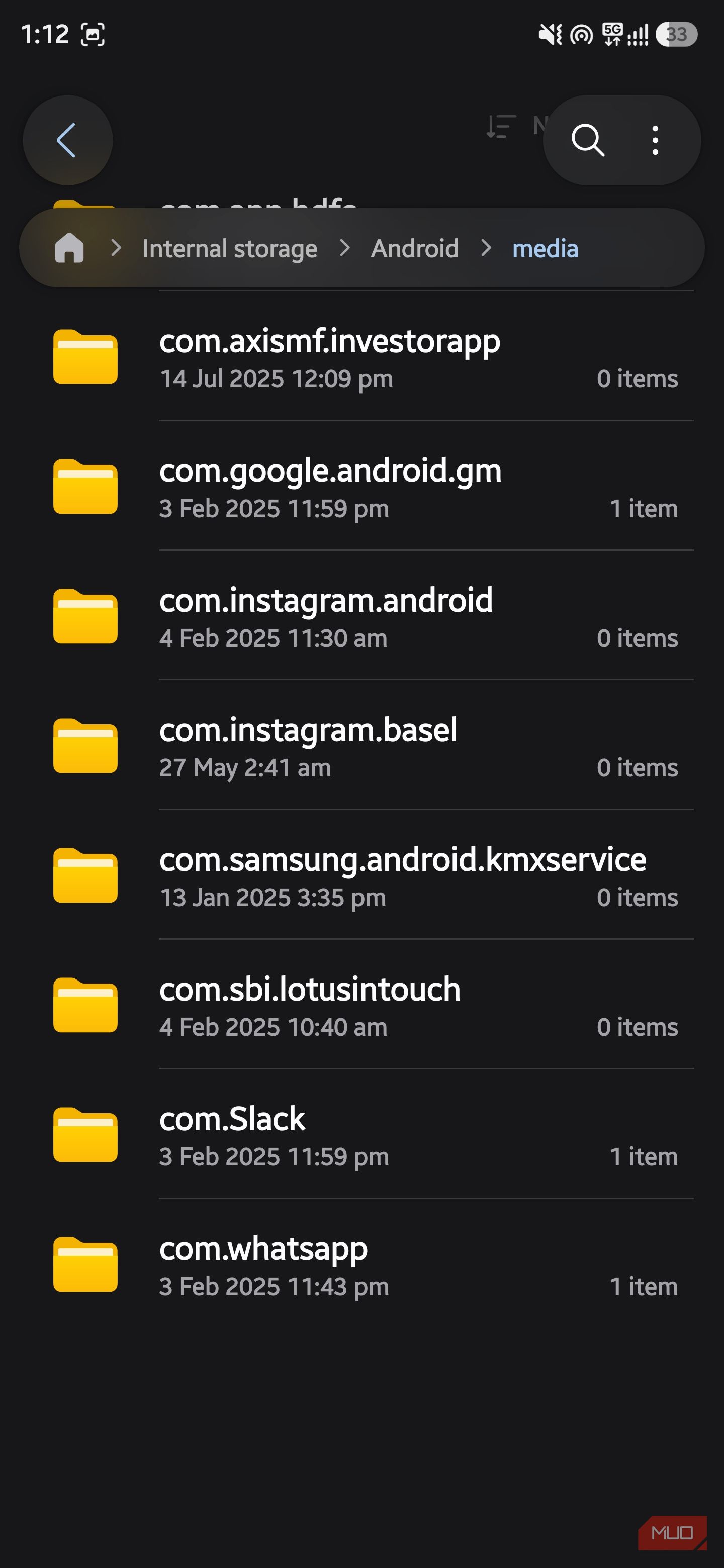 Android/media directory in Samsung My Files listing app folders, including com.whatsapp