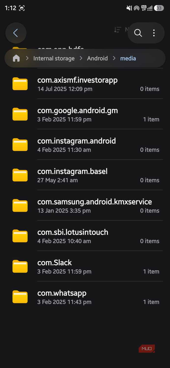 Android/media directory in Samsung My Files listing app folders, including com.whatsapp