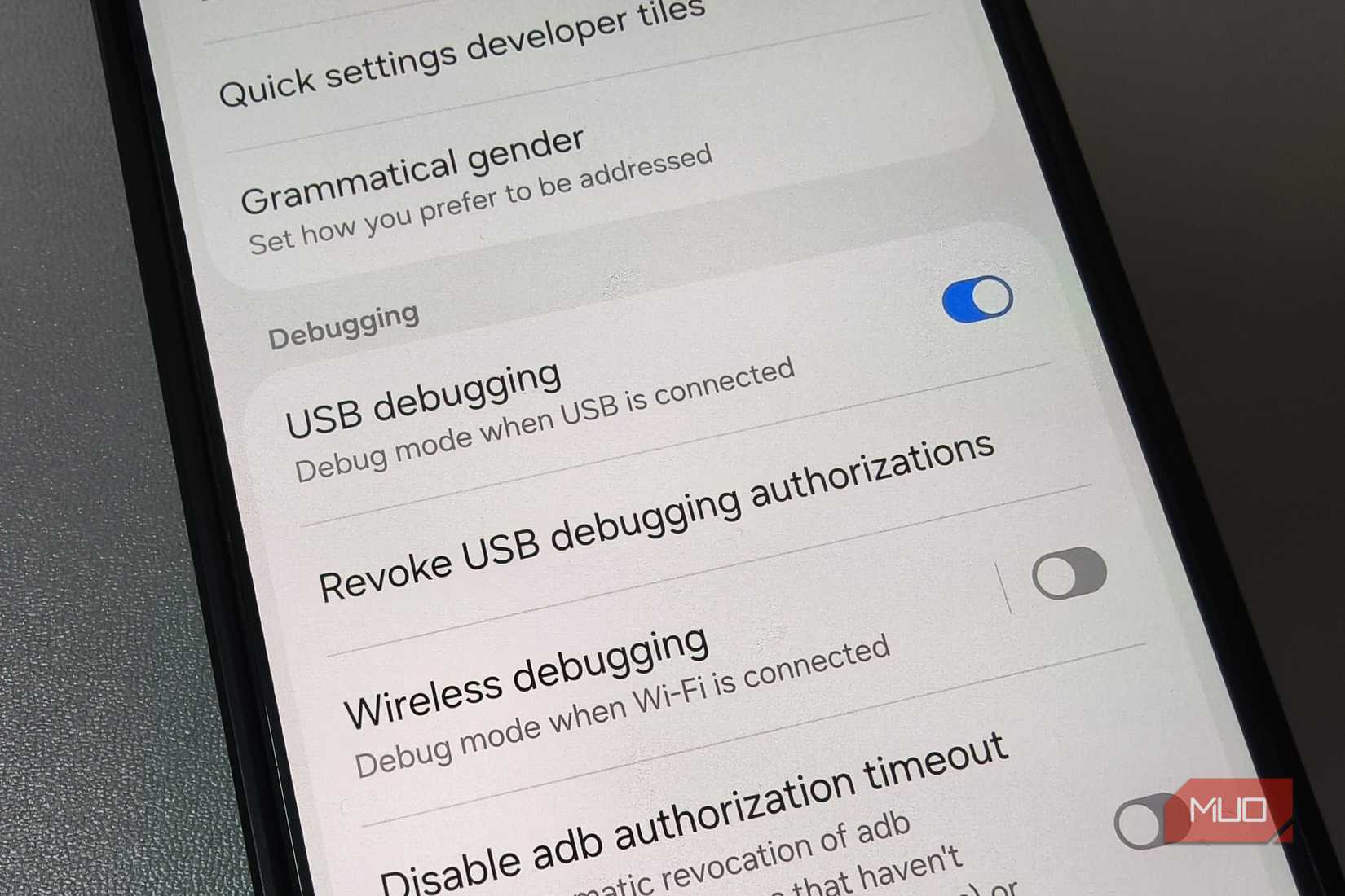 Samsung Developer options with USB debugging enabled