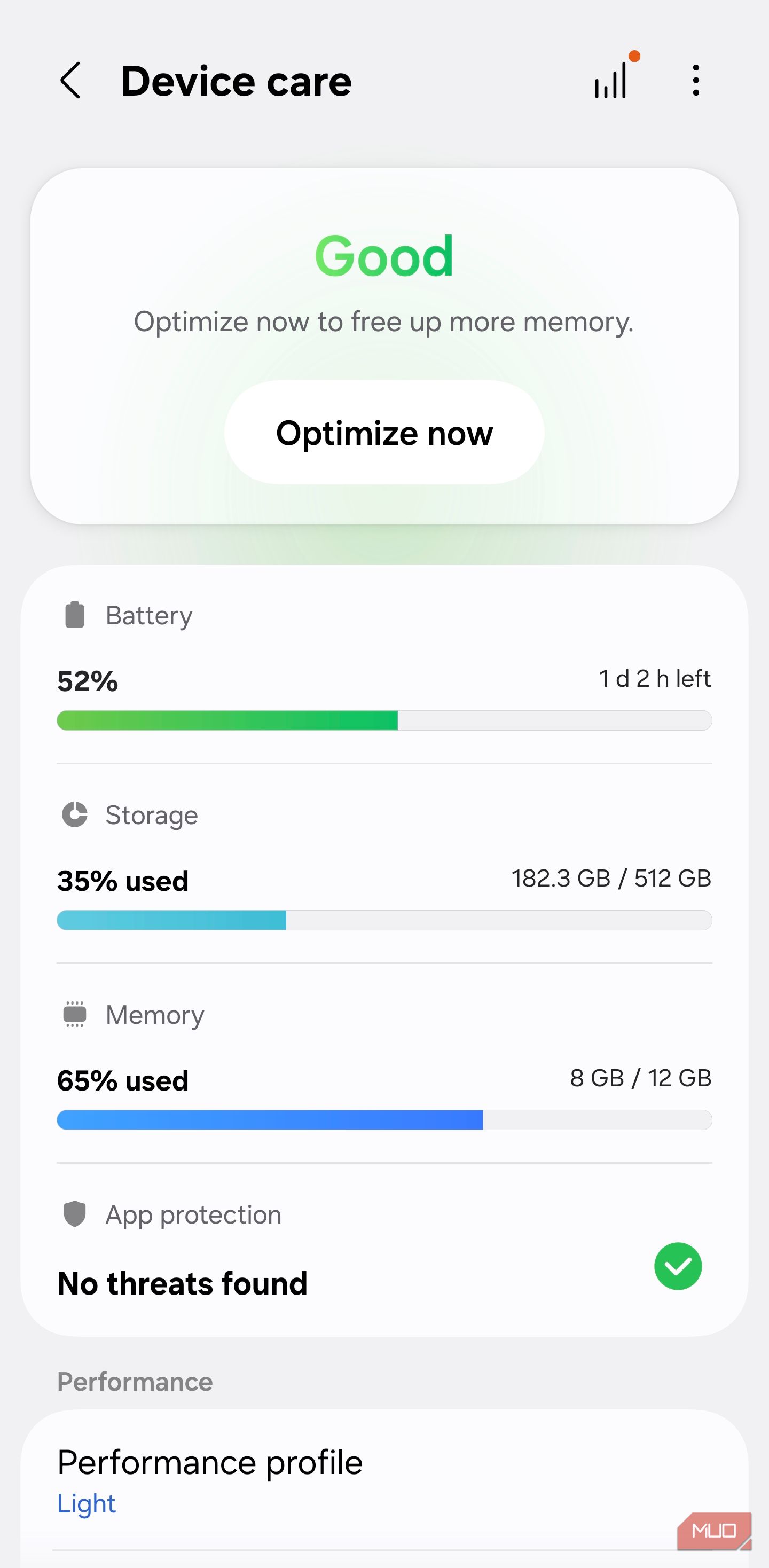 Samsung Device Care dashboard with Optimize now