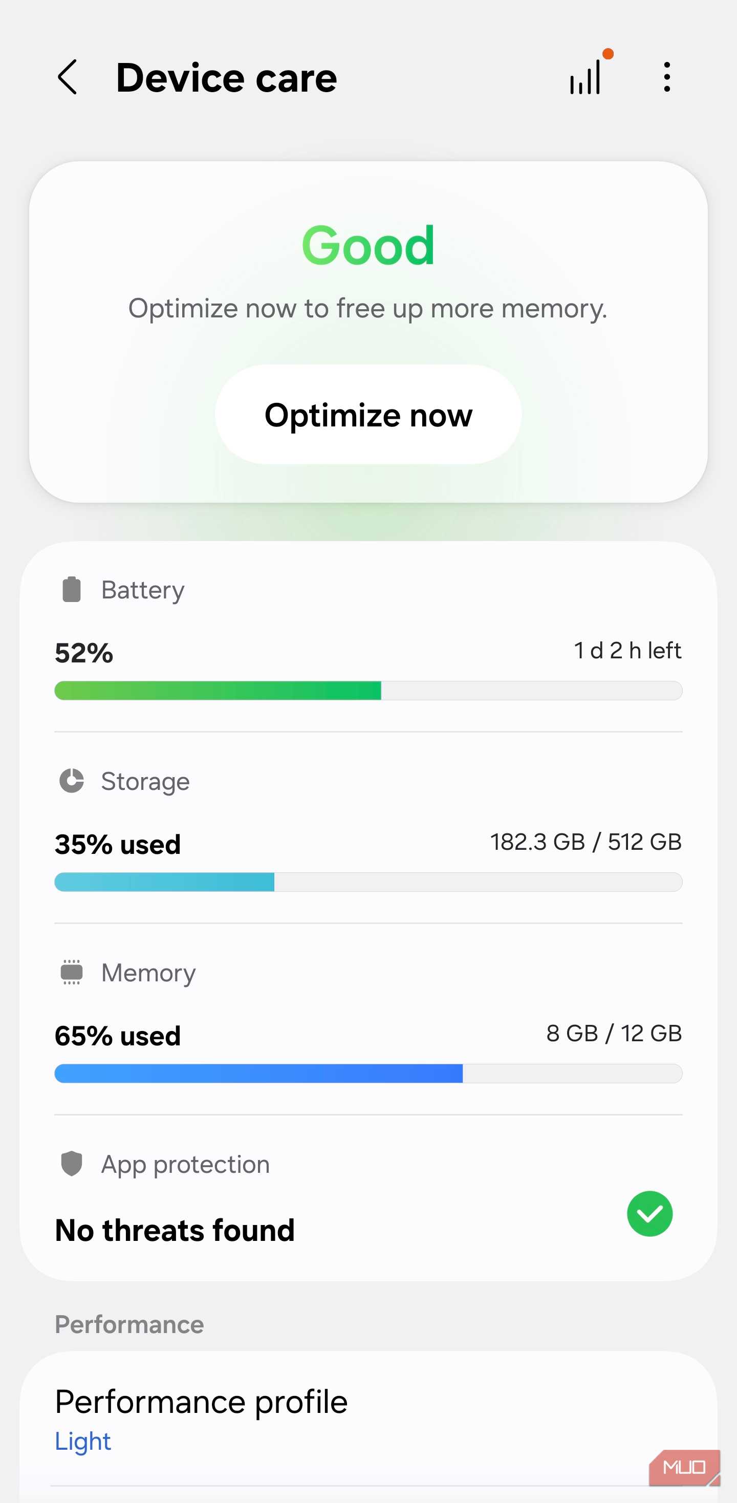 Samsung Device Care dashboard with Optimize now