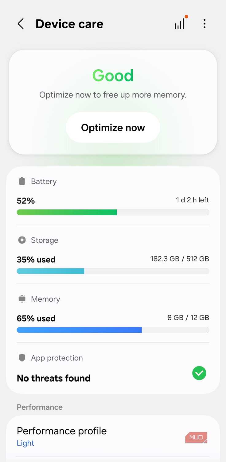 Samsung Device Care dashboard with Optimize now