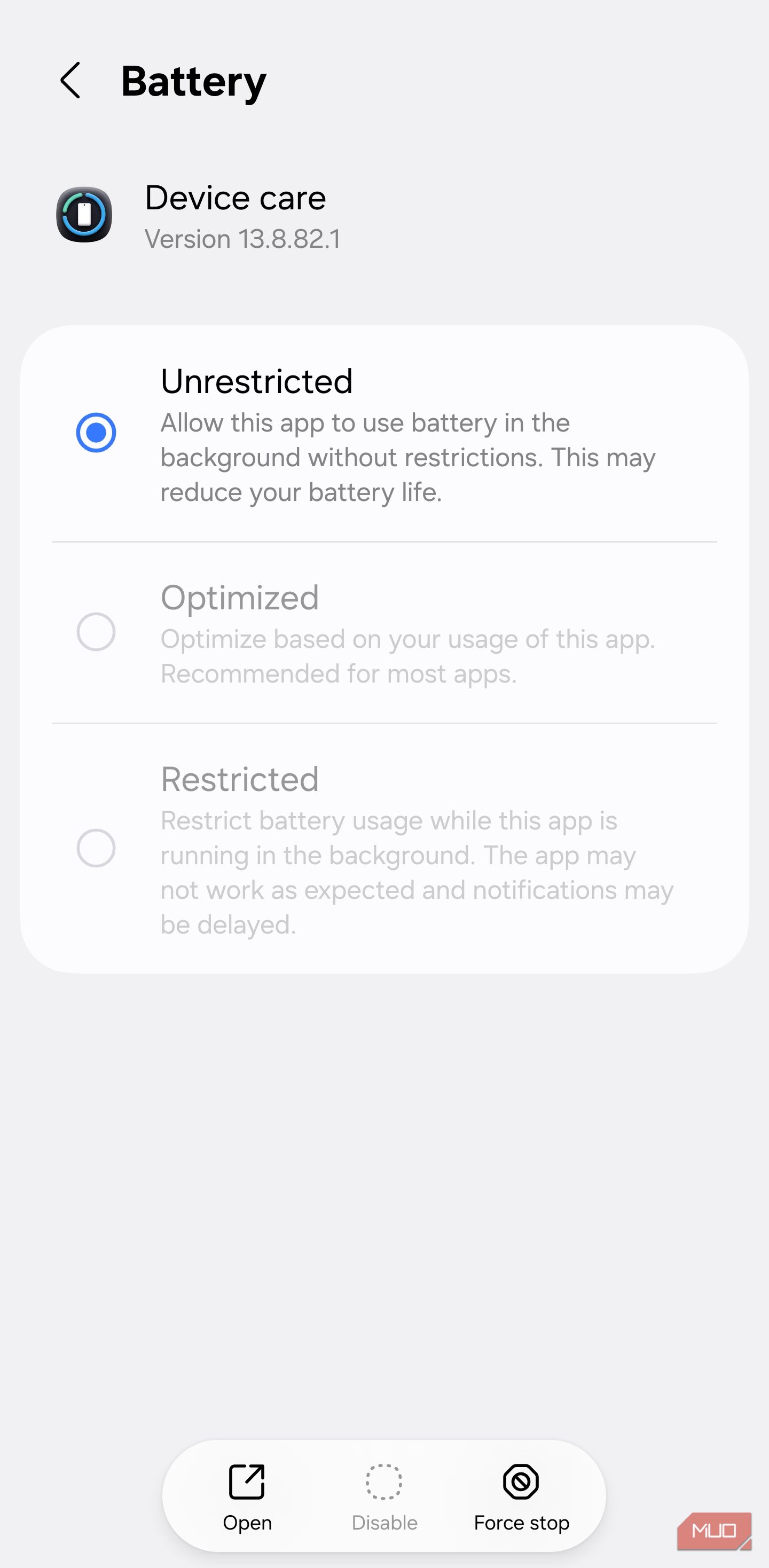 Samsung Device Care unrestricted battery setting
