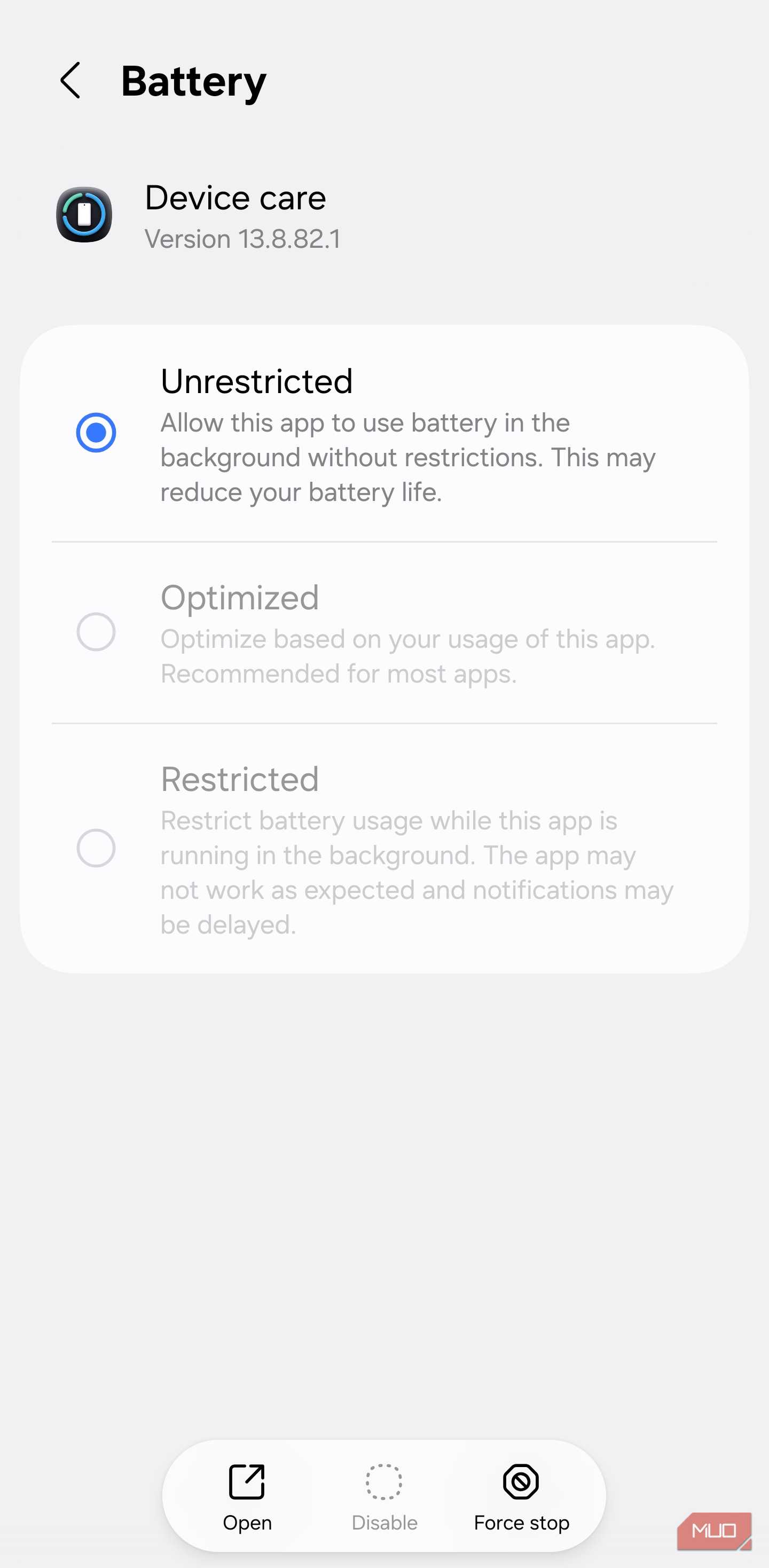 Samsung Device Care unrestricted battery setting