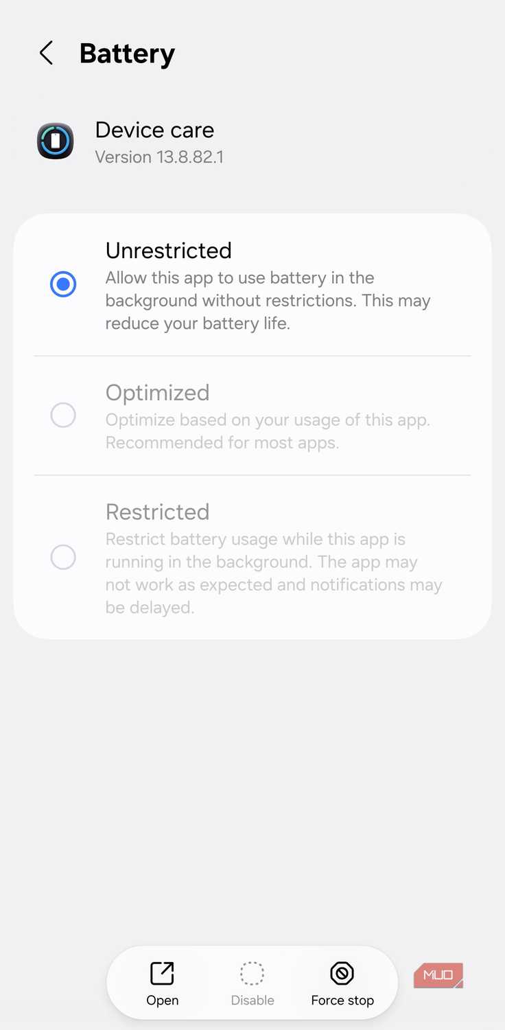Samsung Device Care unrestricted battery setting
