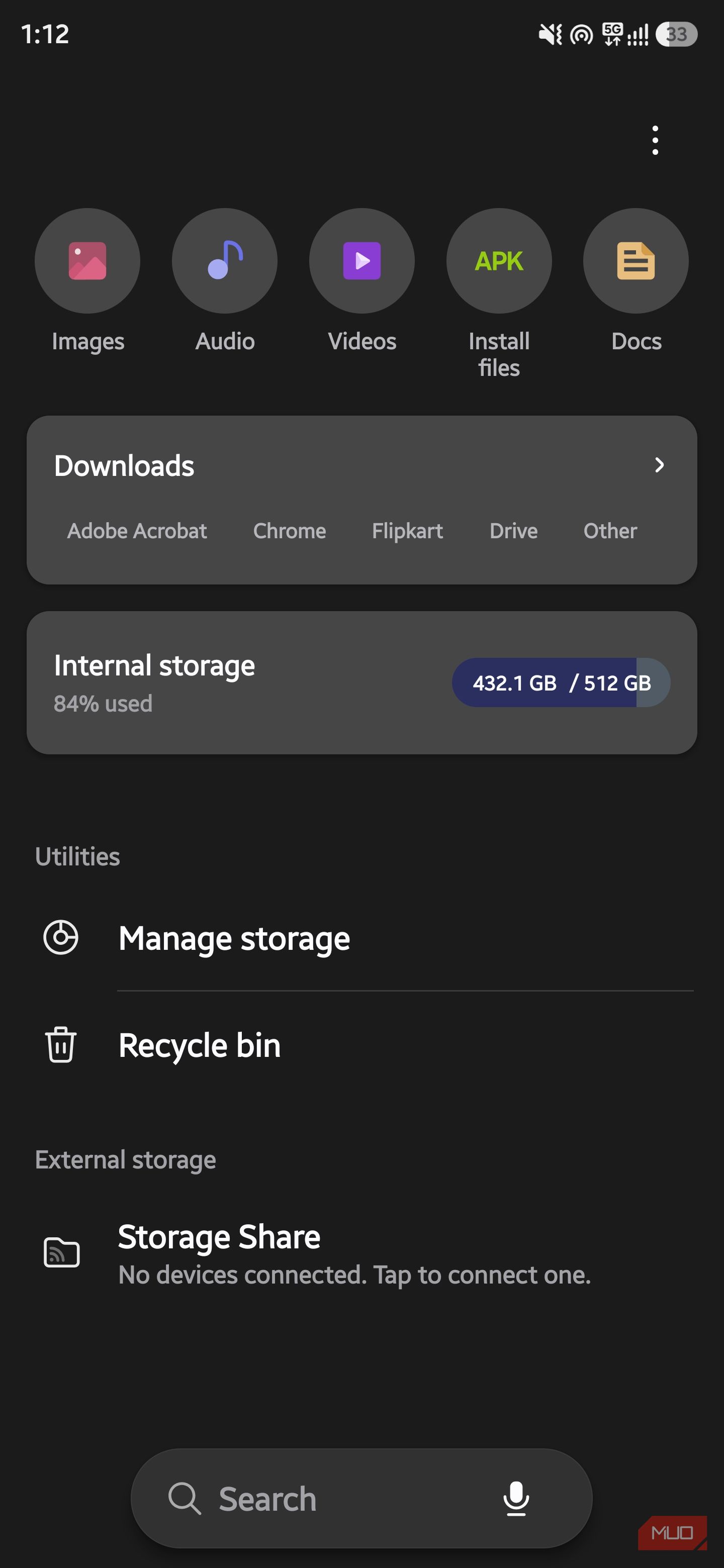 Samsung My Files home screen showing internal storage usage and storage management options