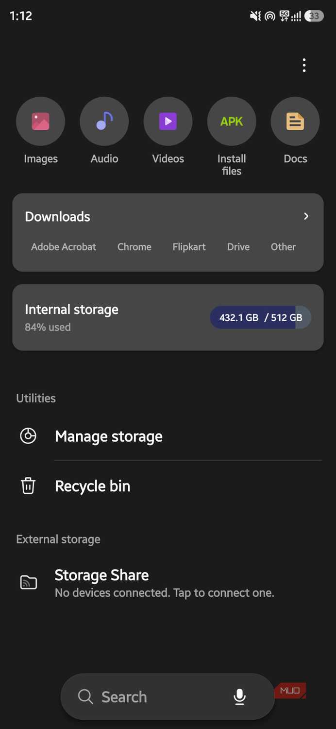 Samsung My Files home screen showing internal storage usage and storage management options