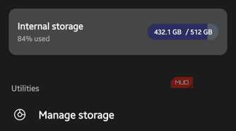Samsung My Files home screen showing internal storage usage and storage management options