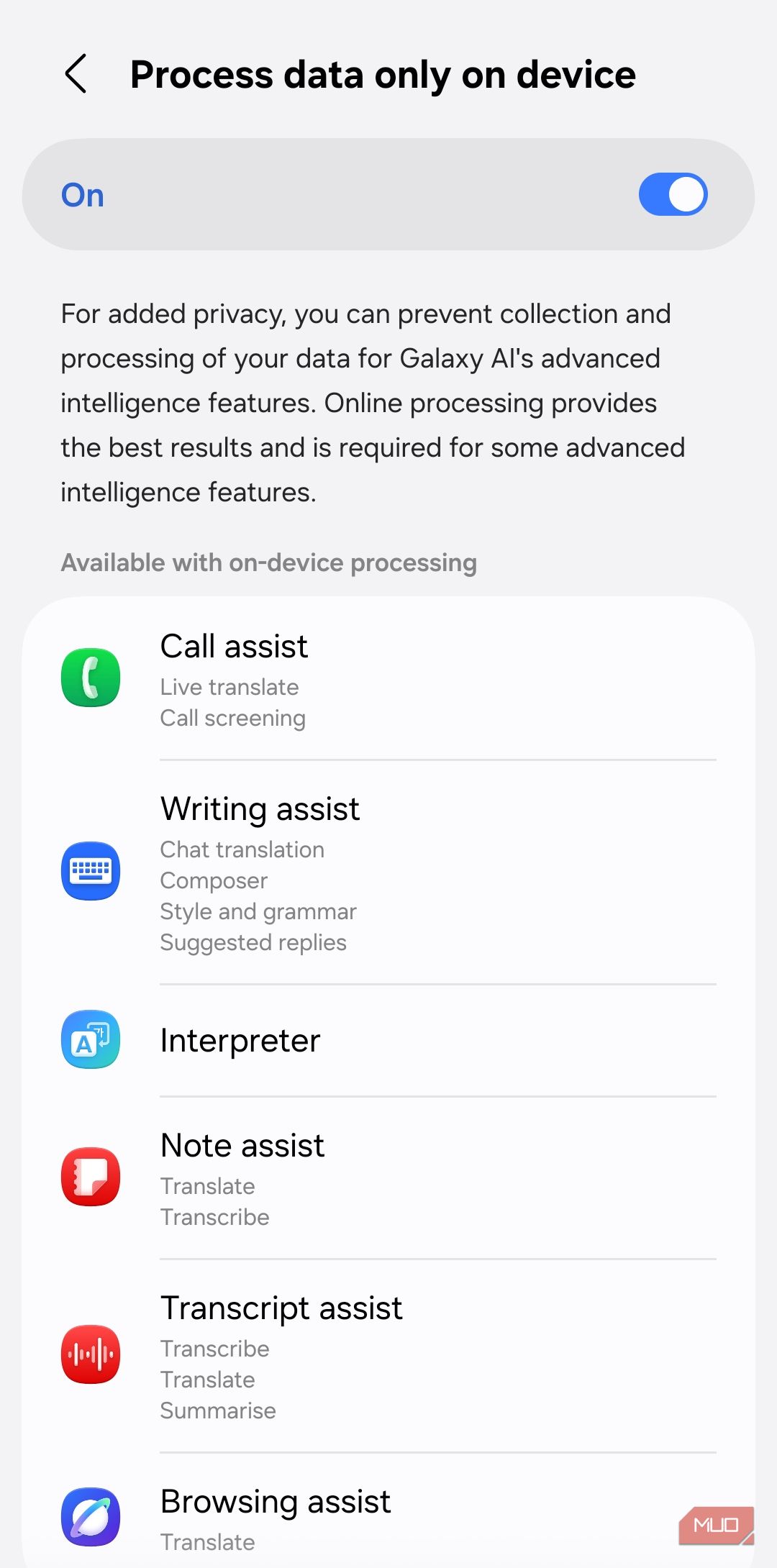 Samsung phone on-device AI processing menu