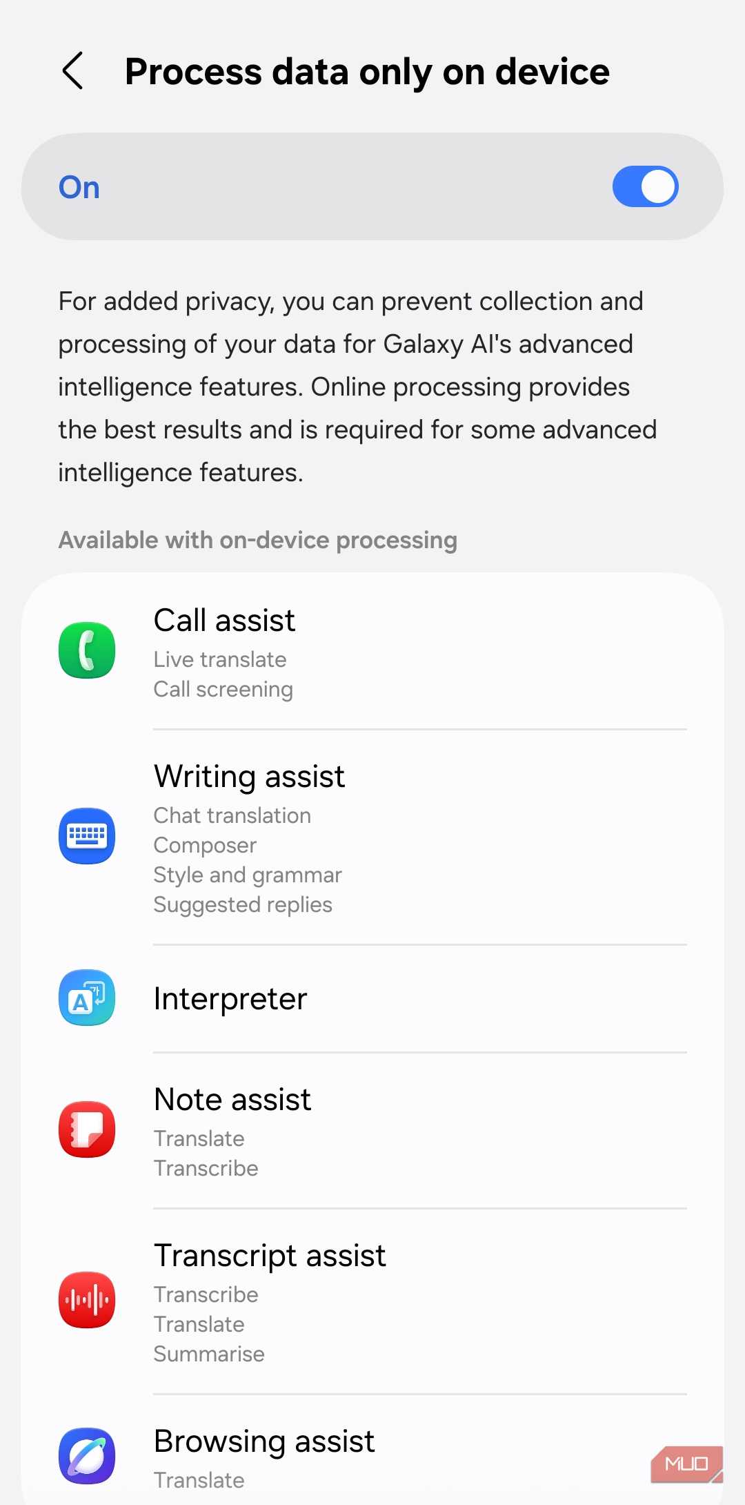 Samsung phone on-device AI processing menu