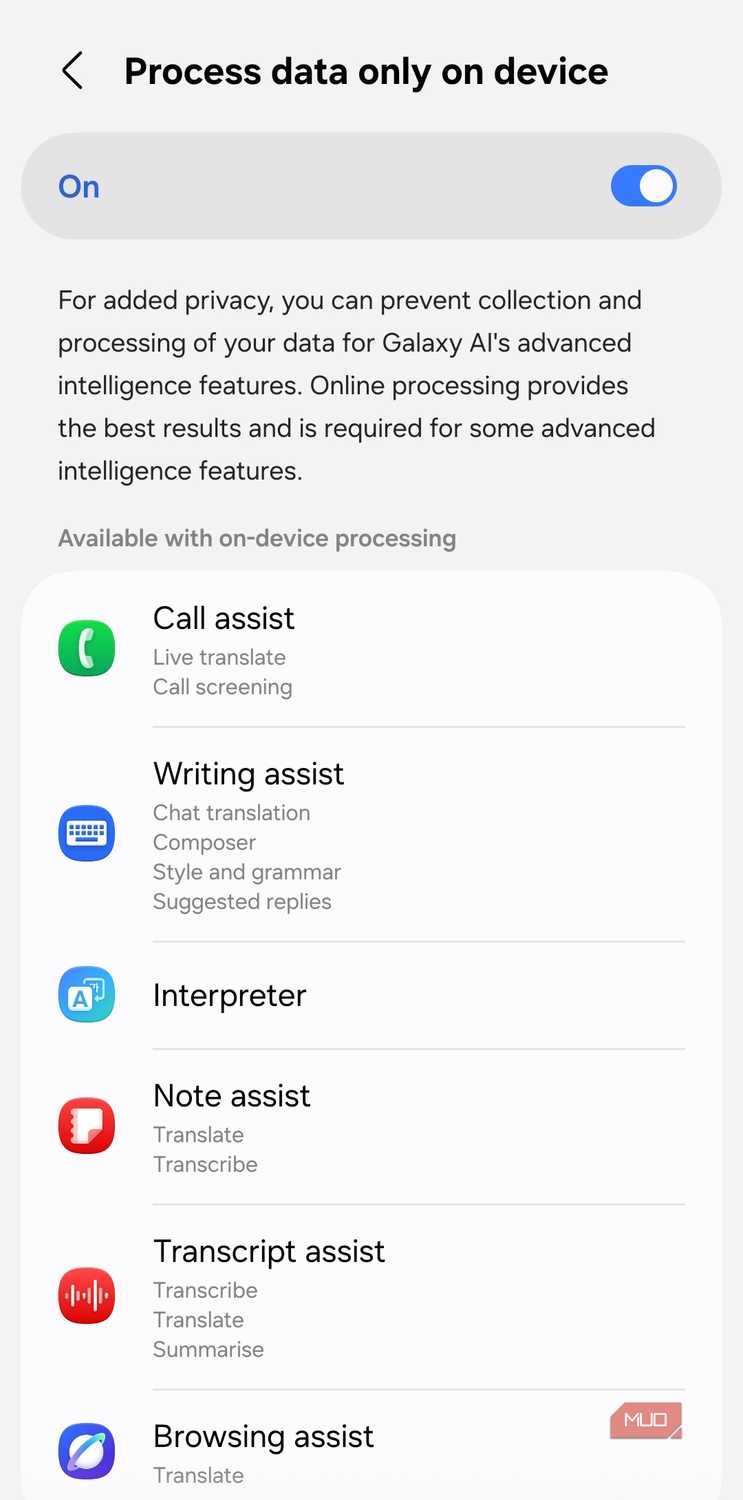 Samsung phone on-device AI processing menu