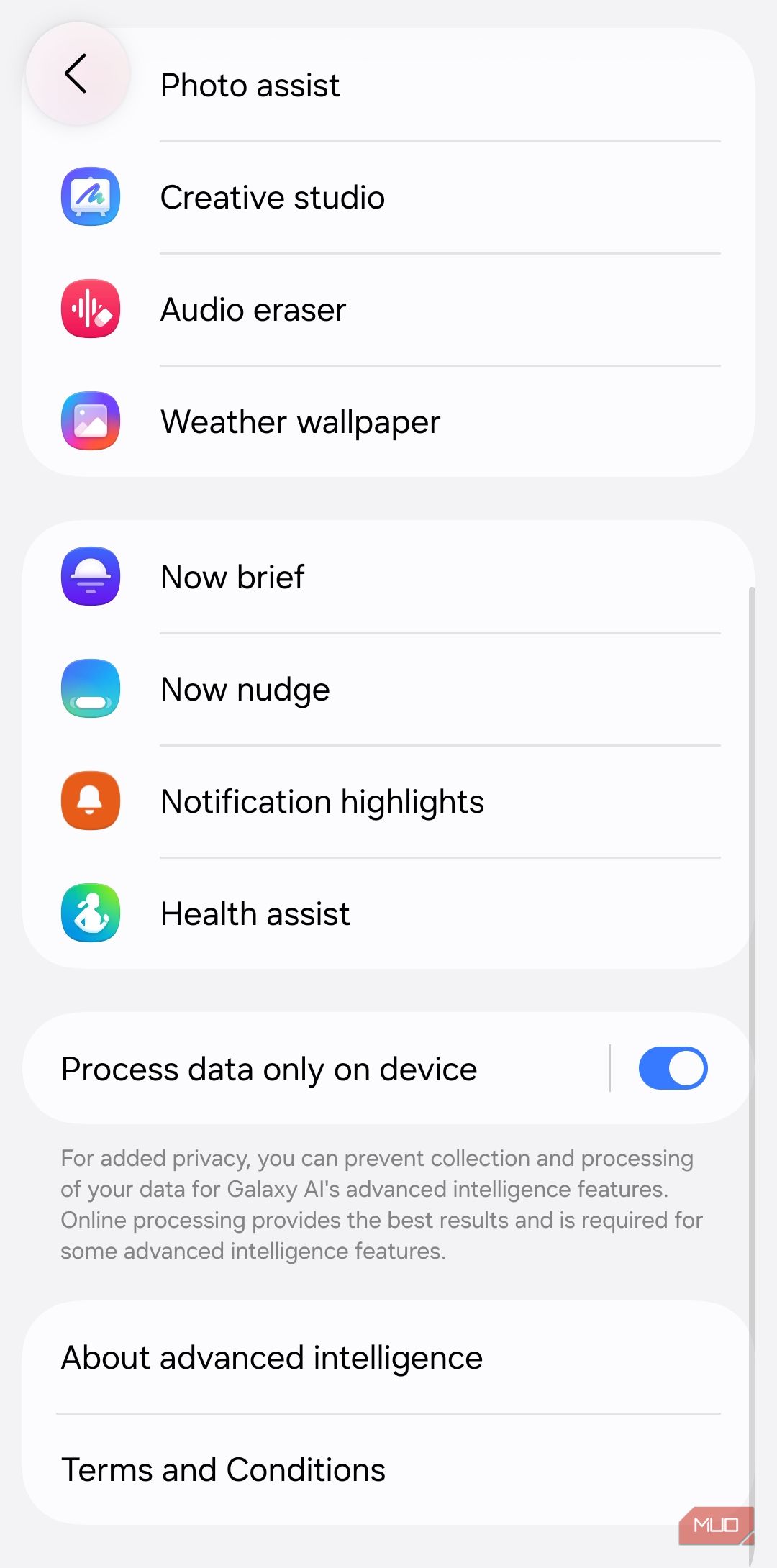 Samsung phone on-device processing menu