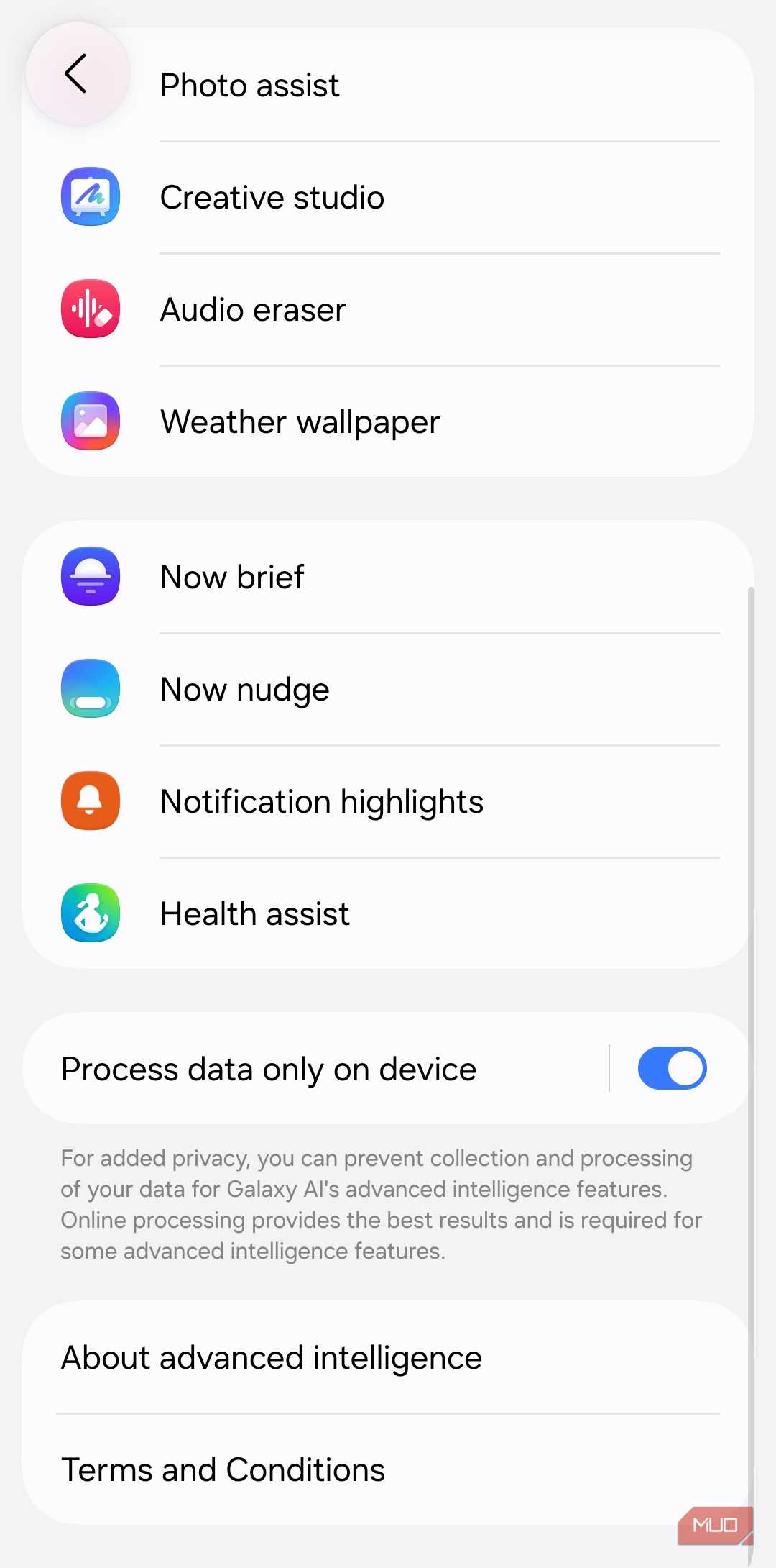 Samsung phone on-device processing menu