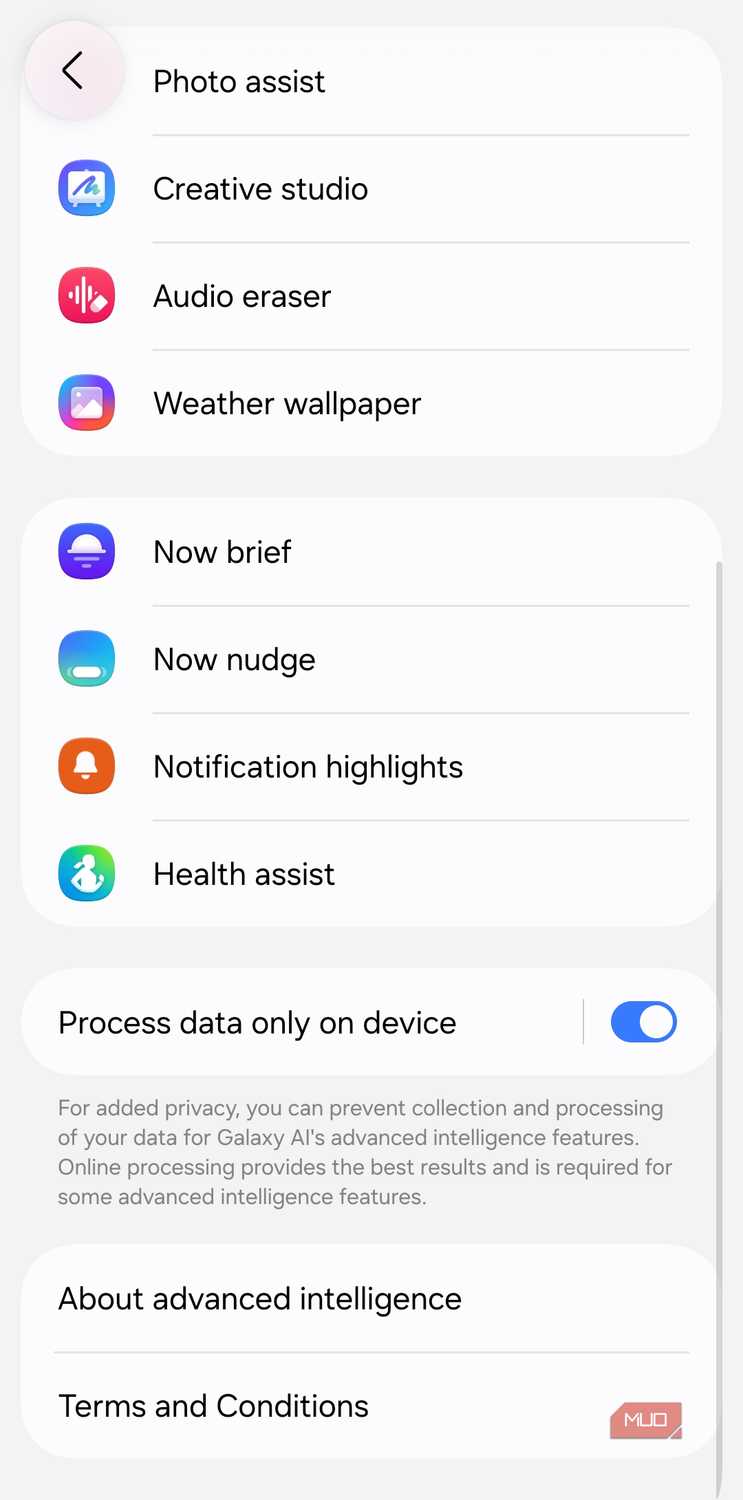 Samsung phone on-device processing menu