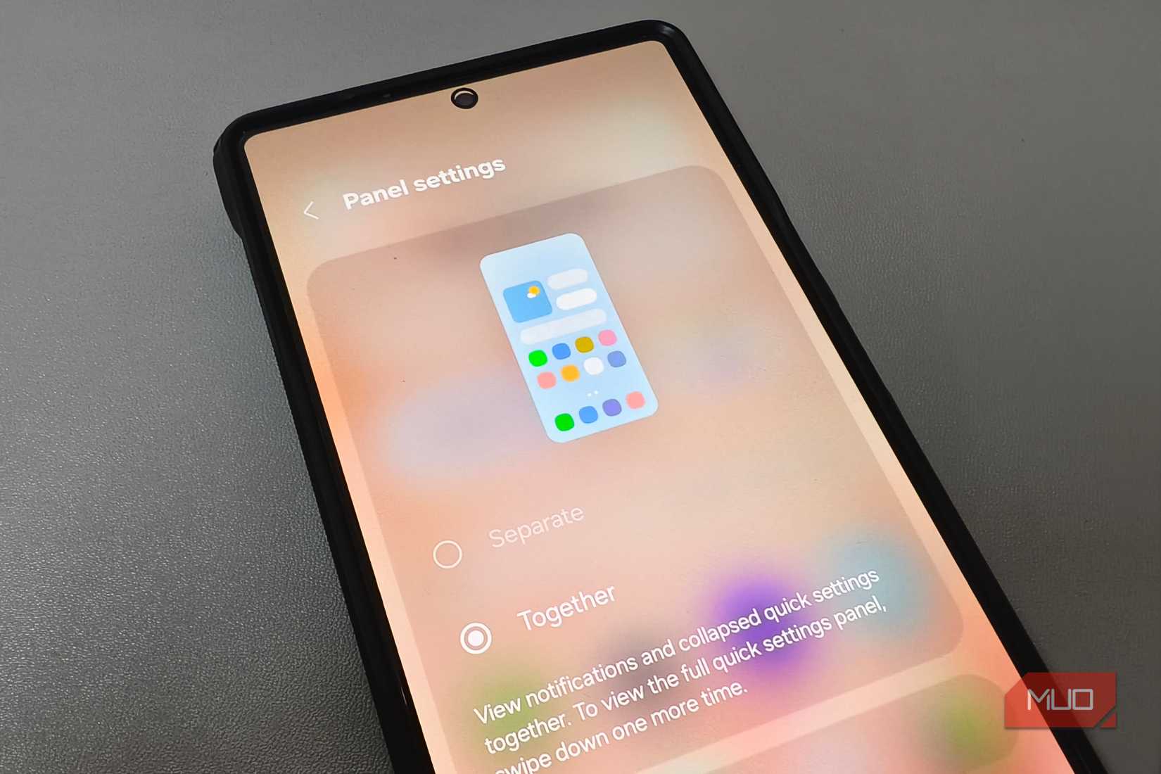 Samsung phone showing the “Together” option in One UI Panel settings.