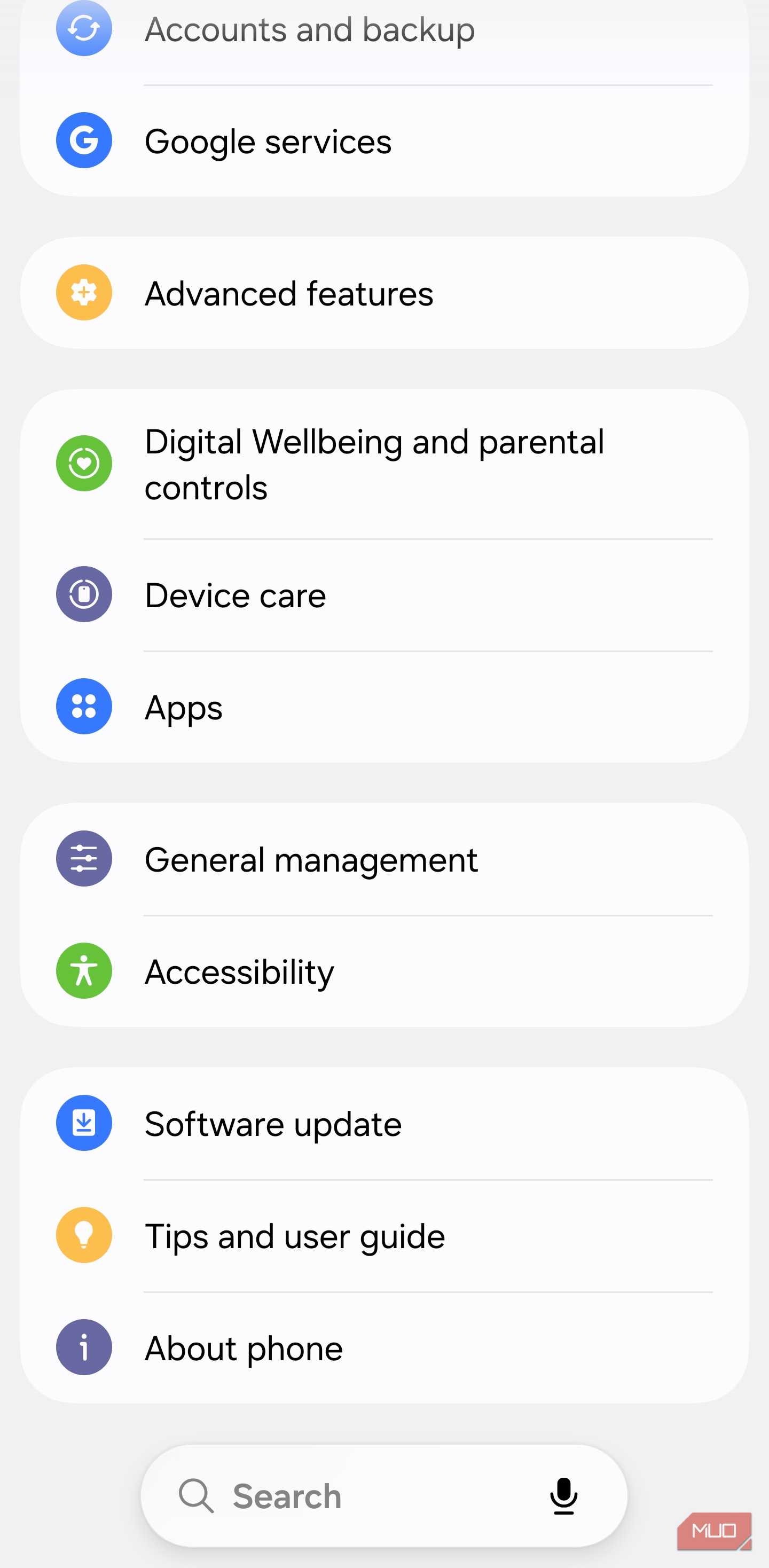Samsung Settings menu with Device Care