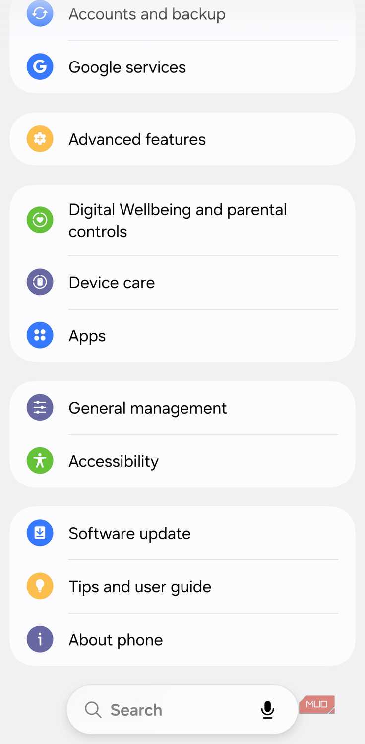 Samsung Settings menu with Device Care