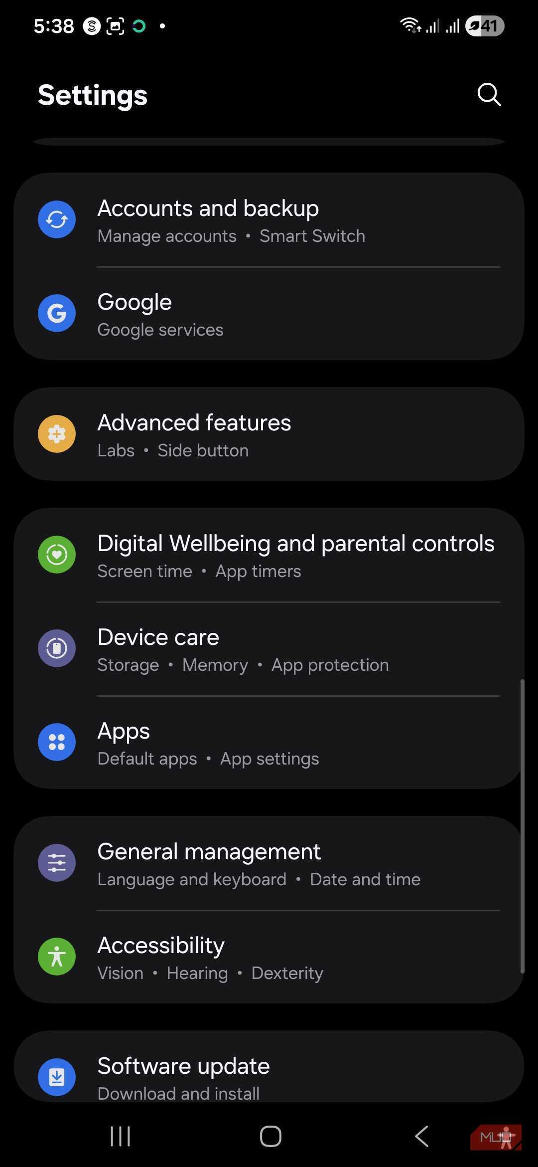 Samsung settings menu with various options displayed