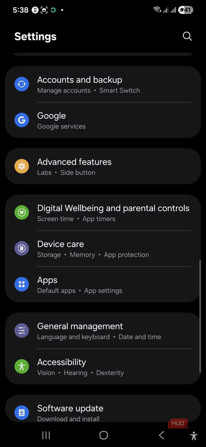 Samsung settings menu with various options displayed