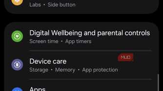 Samsung settings menu with various options displayed