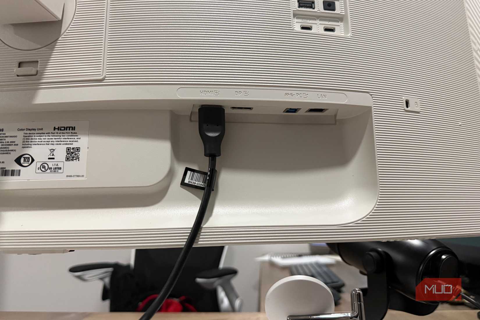 Samsung ViewFinity ultrawide monitor rear input ports with HDMI cable connected