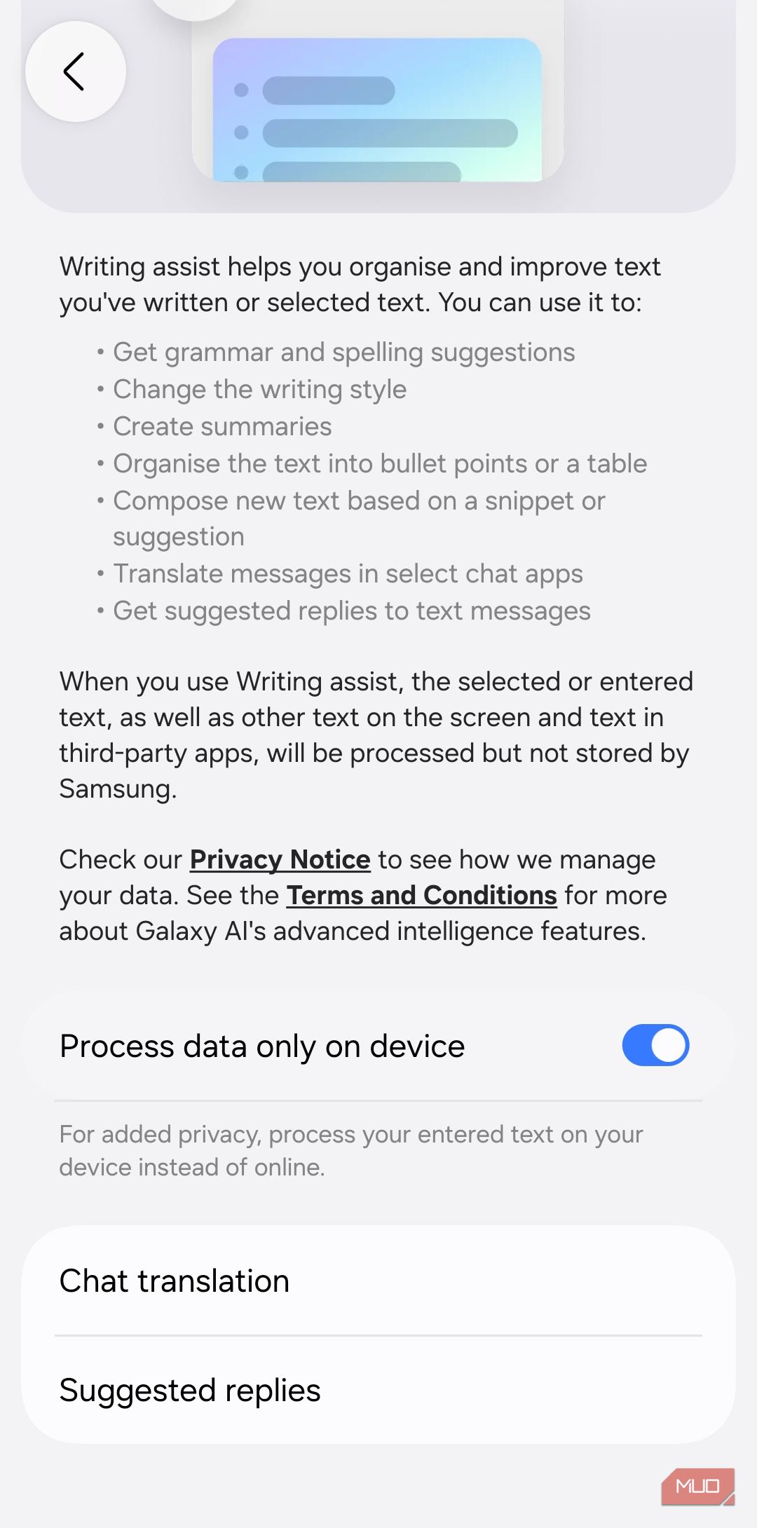 Samsung Writing Assist on-device processing menu
