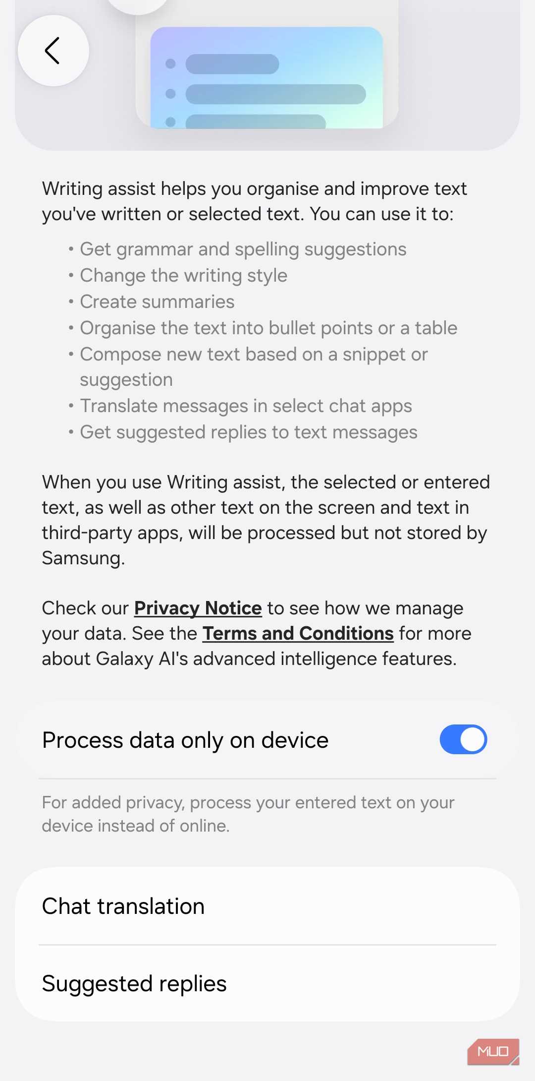 Samsung Writing Assist on-device processing menu