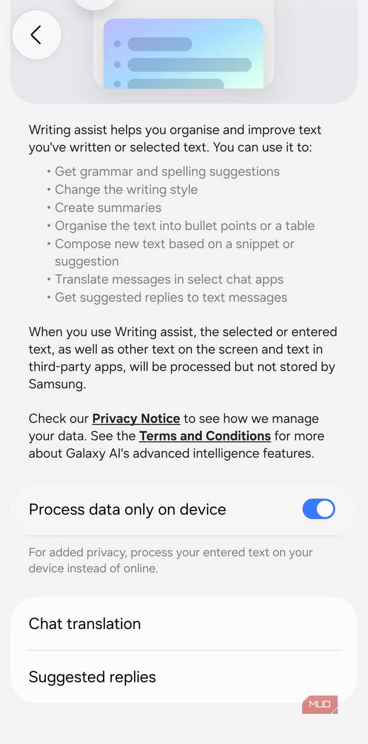Samsung Writing Assist on-device processing menu