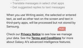 Samsung Writing Assist on-device processing menu