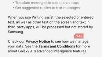 Samsung Writing Assist on-device processing menu